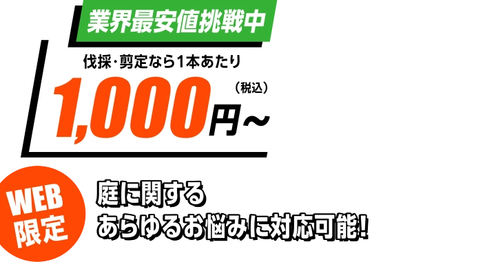業界最安値挑戦中！伐採・剪定なら1本あたり1,000円（税込）〜、庭に関するあらゆるお悩みに対応可能！