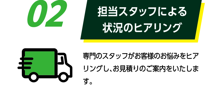02担当スタッフによる状況のヒアリング: 専門のスタッフがお客様のお悩みをヒアリングし、お見積りのご案内をいたします。
