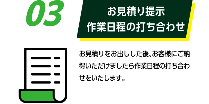 03お見積り提示作業日程の打ち合わせ: お見積りをお出しした後、お客様にご納得いただけましたら作業日程の打ち合わせをいたします。